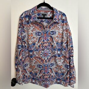 Talbots Button Front Shirt Top Orange Blue Pink Floral Long Sleeve  Large #1620